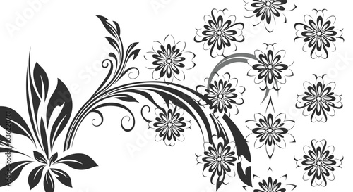 Stylized black and white floral design with elegant scrollwork, intricate leaves, and blooming flowers.