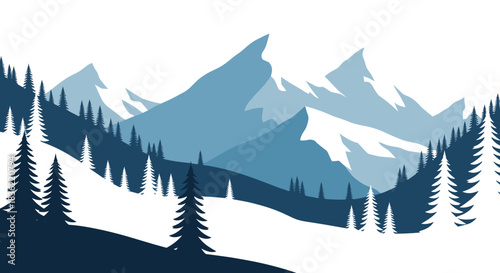 Stylized winter mountain landscape with snow-covered peaks and evergreen trees in shades of blue and white.