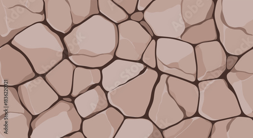 Stylized seamless texture of a light brown stone wall with irregular shapes and dark crevices, ideal for games and architectural backgrounds.