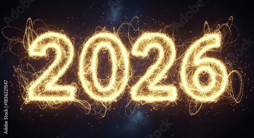 Illuminated 2026: A captivating display showcasing the year 2026, crafted with vibrant, glowing light and dynamic effects, set against a dark, cosmic backdrop.
