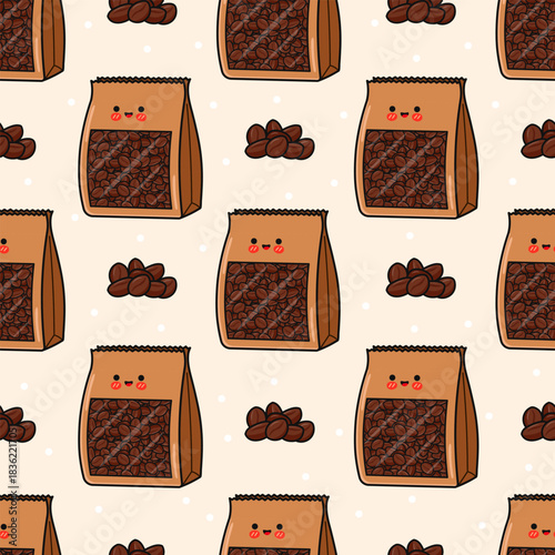 Cute kawaii coffee bean bag seamless pattern