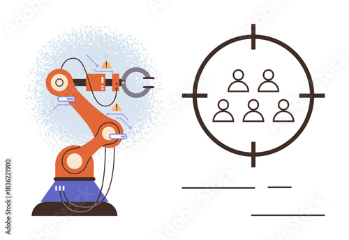 Industrial robot arm with control components next to target crosshairs focusing on human icons. Ideal for automation, targeting demographics, precision, technology, AI, marketing, engineering. Simple