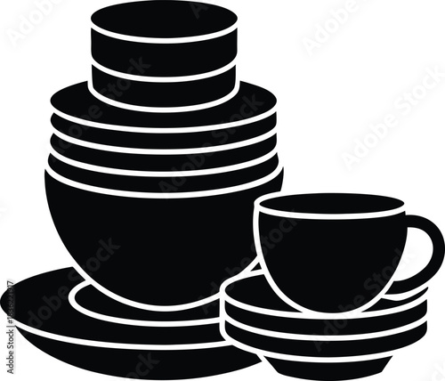 Stacked Dishes and Cup Silhouette isolated on white background