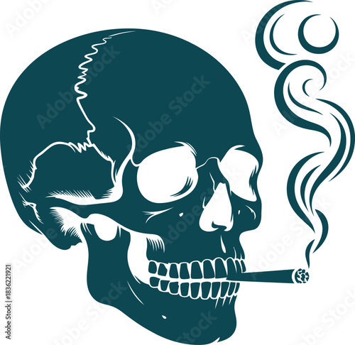 Dark teal skull vector with cigarette and swirling smoke, symbolizing mortality, addiction, and graphic contemplation of life and death.