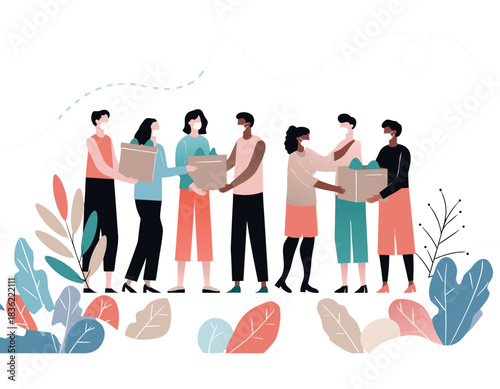 Diverse Group of People Wearing Face Masks Exchanging Gift Boxes Amidst Autumnal Foliage and Abstract Shapes