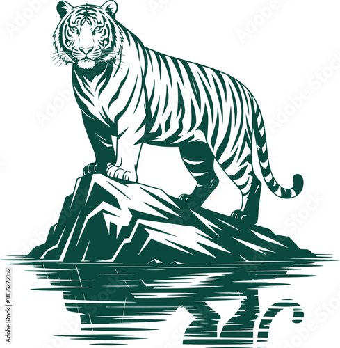 Bold green tiger vector on rocky outcrop with water reflection, showcasing strength, symmetry, and graphic wilderness elegance.