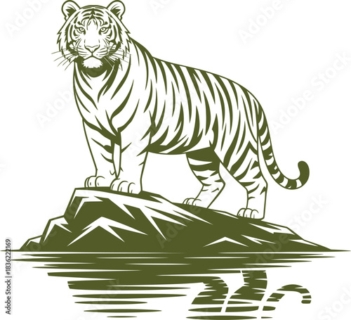 Majestic green tiger vector standing on rocky cliff with water reflection, symbolizing strength, symmetry, and wild elegance.