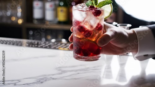 Mans Hand Picking Up a Refreshing Berry Cocktail from a Bar Counter.