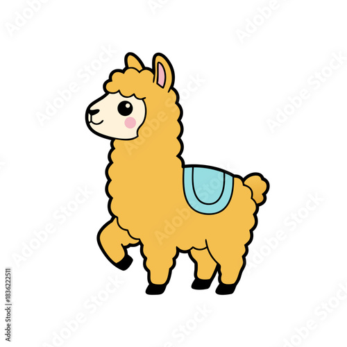 Cute Yellow Llama Standing Sideways with Gentle Expression and Blue Saddle on Black Background Simple Rounded Fleece Detailed Kawaii Style