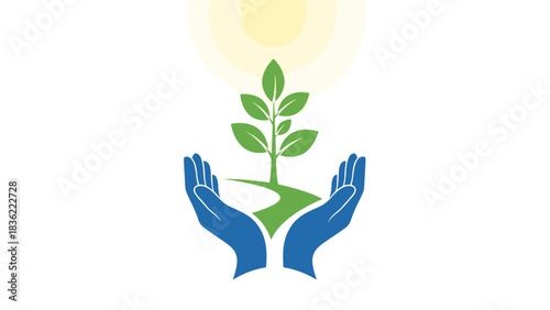 Symbolic illustration depicting hands nurturing a flourishing plant, representing environmental care, sustainable growth, and a bright future for nature
