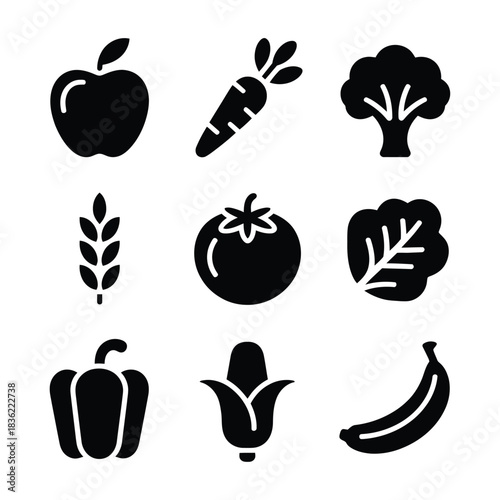 Create 9 icon Bundle of Silhouette vector image of Organic Food Silhouette Bundle blake silhouette whit a white background