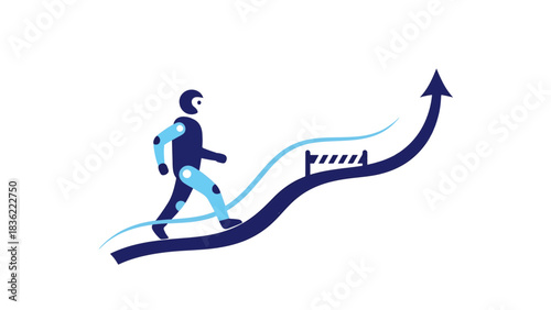 A determined humanoid figure ascends an upward path, overcoming hurdles, representing progress, ambition, and future success
