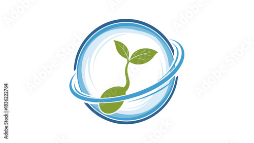 Vibrant green sprout emerging from a seed, encircled by dynamic blue swooshes, symbolizing sustainable growth and environmental vitality