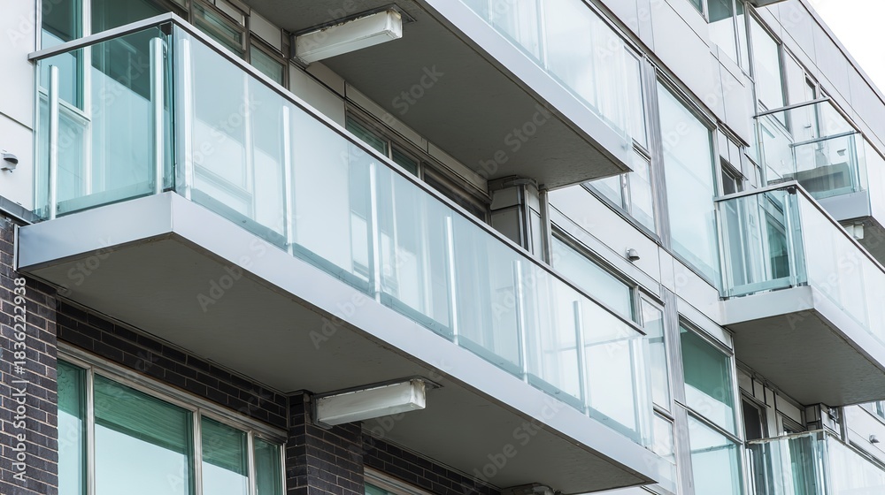 Fototapeta premium Closeup view of modern apartment balconies with glass railings