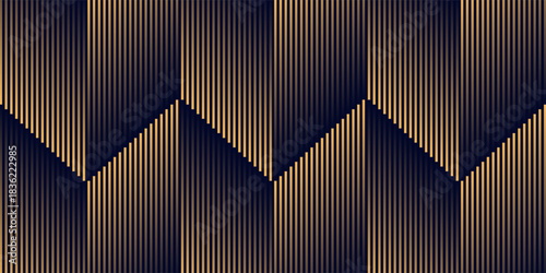 Navy blue abstract background with halftone golden lines delicate pattern. Small light spot box. Curve line, cosmic galaxy space. Festive BG for social media, birthday party invitation.