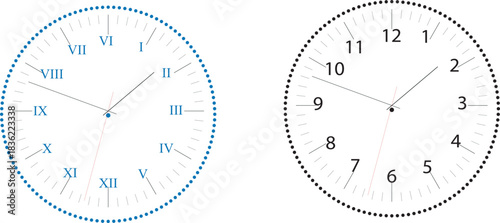 Clock faces template set with Roman and Arabic numerals design elements on white