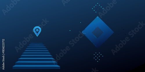 Stairway to location pin and diamond shape on dark blue background