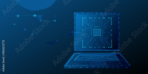Abstract laptop with circuit board display and network connection in blue