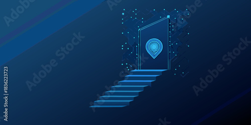 Abstract digital doorway with steps and location icon in blue