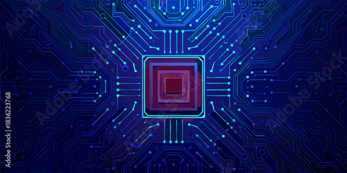 Abstract circuit board design with central processor unit and blue network