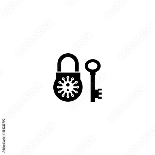 Illustration of a black padlock with virus design and key next on transparent background