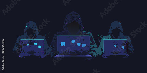 Three anonymous hackers working on laptops in the dark
