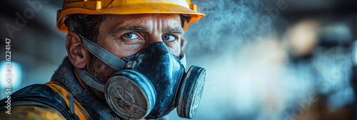 Construction worker uses respirator mask at job site Generative AI