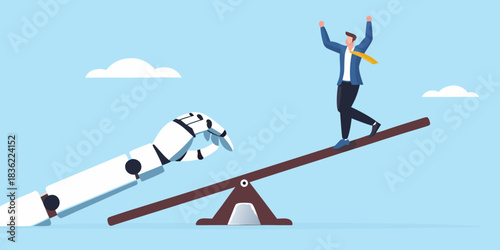 Robot helping businessman succeed on seesaw technology and human partnership