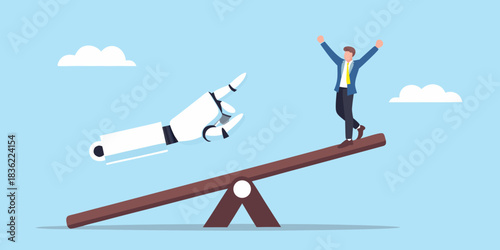 Balancing act human vs ai business on a seesaw with robot guidance