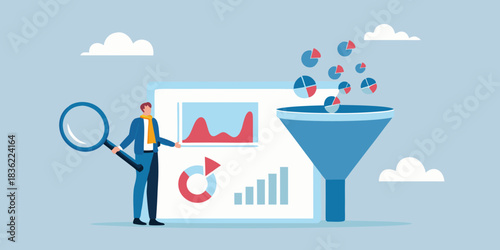 Data analysis and conversion funnel with business person and magnifying glass