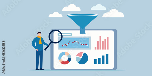 Data analysis and filtering with magnifying glass and funnel illustration