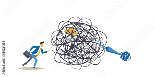 Businessman facing a complex problem and trying to untangle the mess