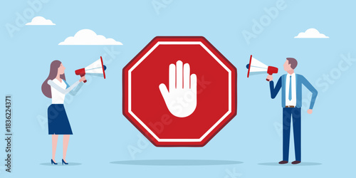 Stop the spread business people shouting with megaphones in front of stop sign