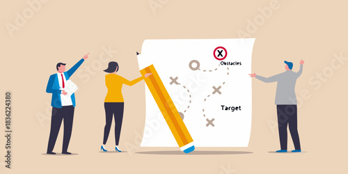 Business team planning strategy to overcome obstacles and achieve target goal