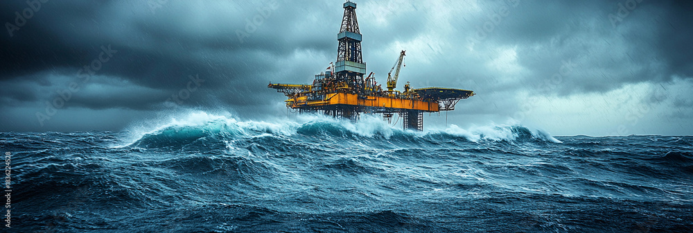 Obraz premium Oil rig platform stands in rough sea during stormy weather Generative AI