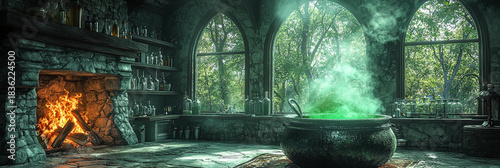 Mystical cauldron with green vapor in a stone room Generative AI