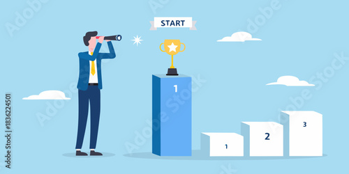 Business visionary looking at success with a telescope on a podium