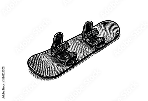 Vintage engraved illustration of a snowboard with bindings — stock vector.