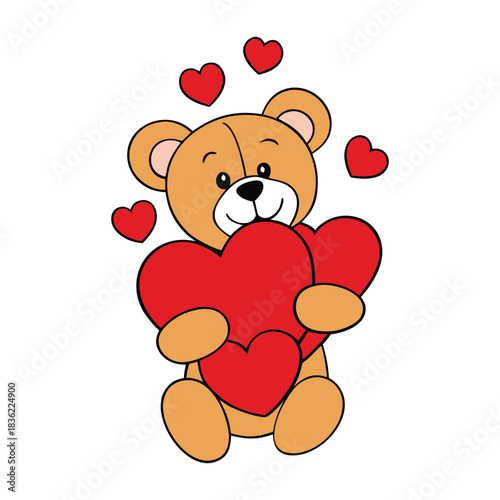 Adorable cartoon teddy bear hugging a big bunch of bright hearts, smiling sweetly with rosy cheeks. Soft, cuddly, and full of love, this charming bear spreads warm, happy vibes.