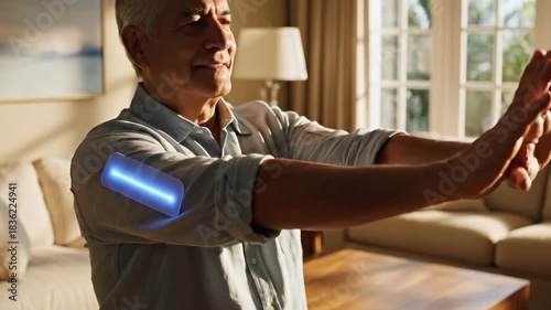 Senior man using futuristic wearable technology for arm pain relief at home.