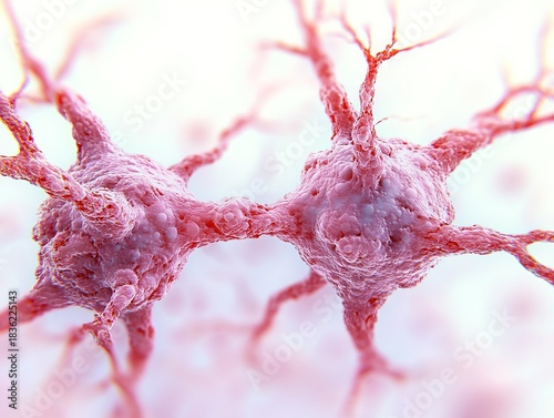 Macro close-up of pinkish-red thick synapses with albumin structures, depicting intricate neuron network on white background. Ideal for neuroscience, medical research, and educational visuals.