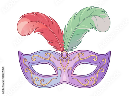 Elegant Purple Masquerade Mask With Red And Green Feathers And Gold Swirls On A Black Background With Subtle Sparkle Detail