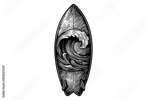 Vintage engraved illustration of a surfboard with wave design — stock vector.