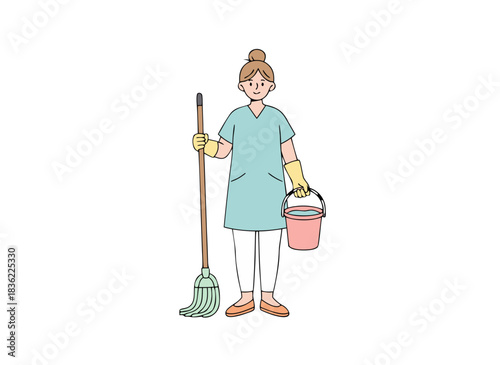 Female cleaner in light blue uniform and yellow gloves holding a mop and a pink bucket on a white background ready for house cleaning