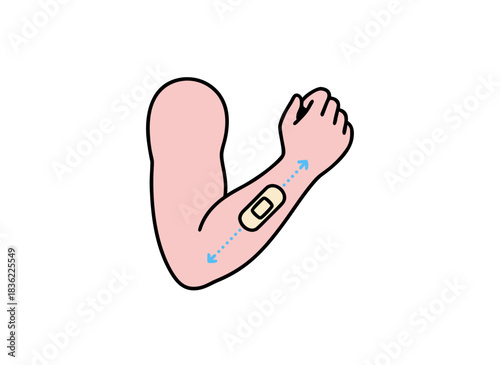 Flat vector illustration of a human arm with a bandage applied to the forearm isolated on a black background showing care and medical treatment simple clean design