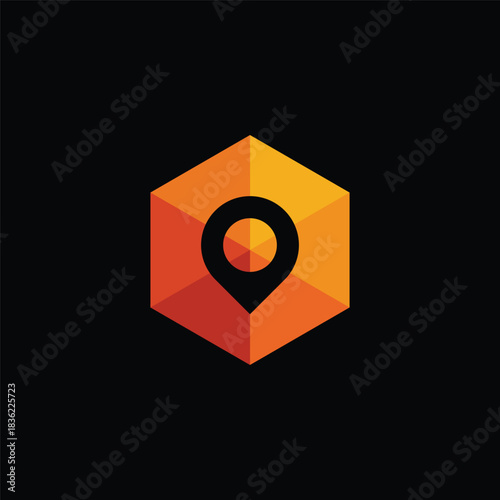 Vibrant orange and yellow gradient hexagon logo with a central location pin icon, embodying modern navigation and mapping concepts for innovative digital branding