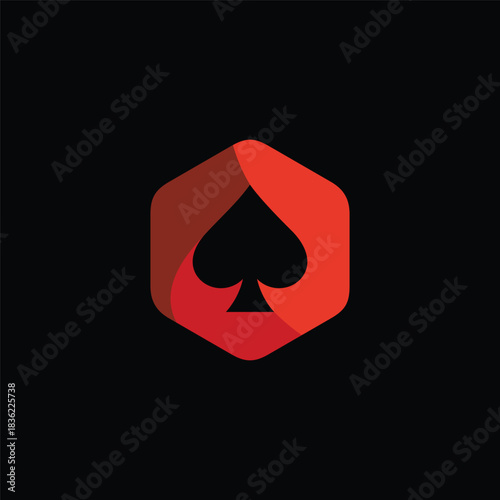 Vibrant abstract geometric logo featuring a bold spade card suit symbol encased in a dynamic red hexagonal shape, ideal for gaming, casino, or contemporary branding applications