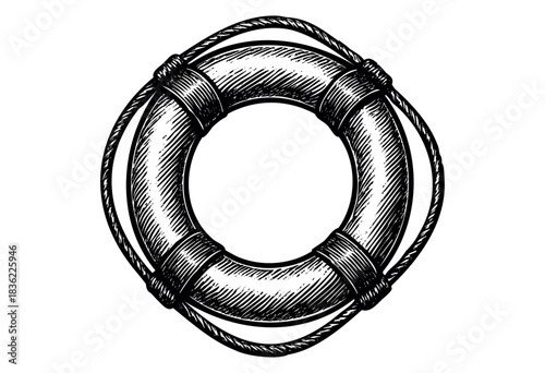 Vintage engraved illustration of a lifebuoy ring with rope — stock vector.