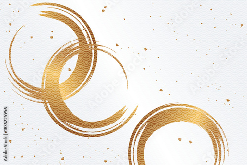 金色の筆跡が重なる和風抽象背景・金箔と青海波が広がる上品デザイン｜金色 円形 筆跡 金箔 青海波 和柄 背景