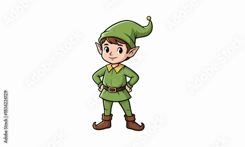 A charming cartoon elf character dressed in a green outfit, with a pointed hat and boots